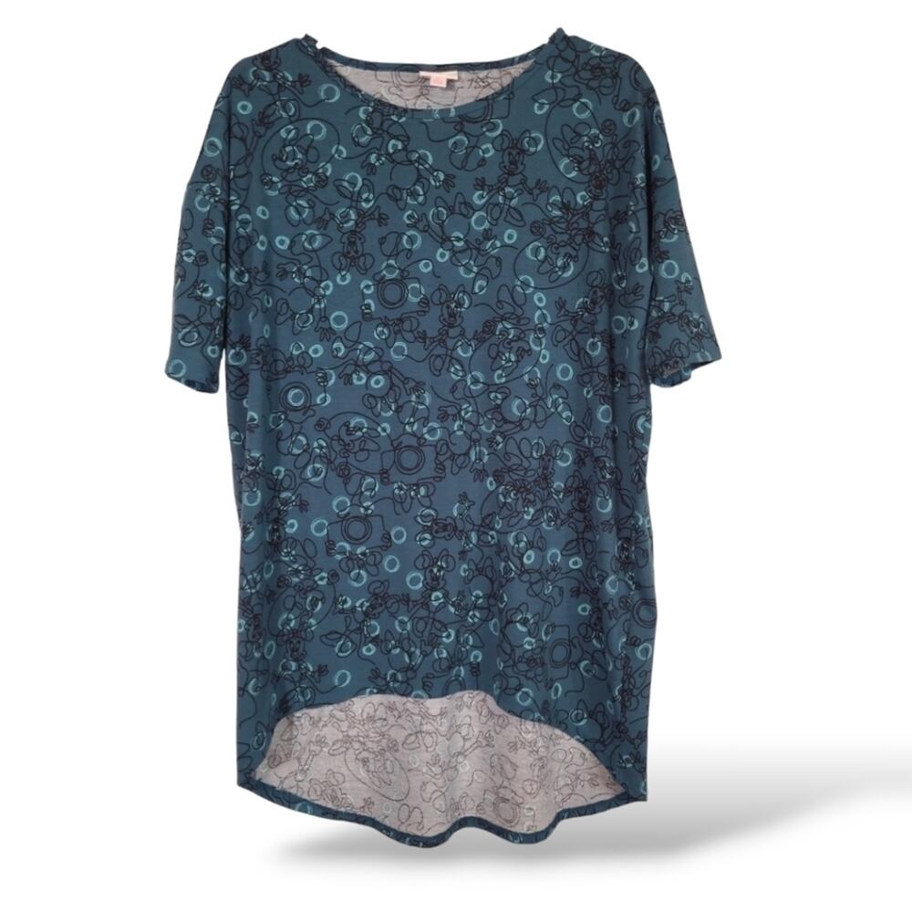 DISNEY Lularoe Irma Top Minnie Mickey Mouse Camera Blue-Green Tunic Length